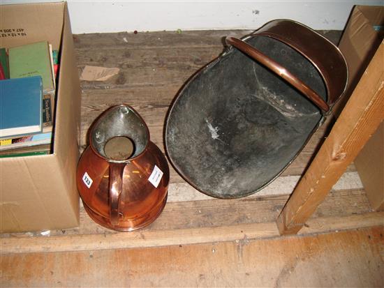 Copper coal scuttle and a haystack measure